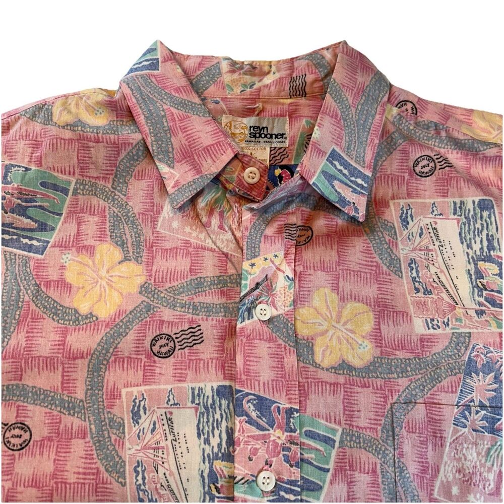 Rey Spooner Hawaiian Waikiki Beach Reverse Print Shirt SZ Large  Pastel Pink